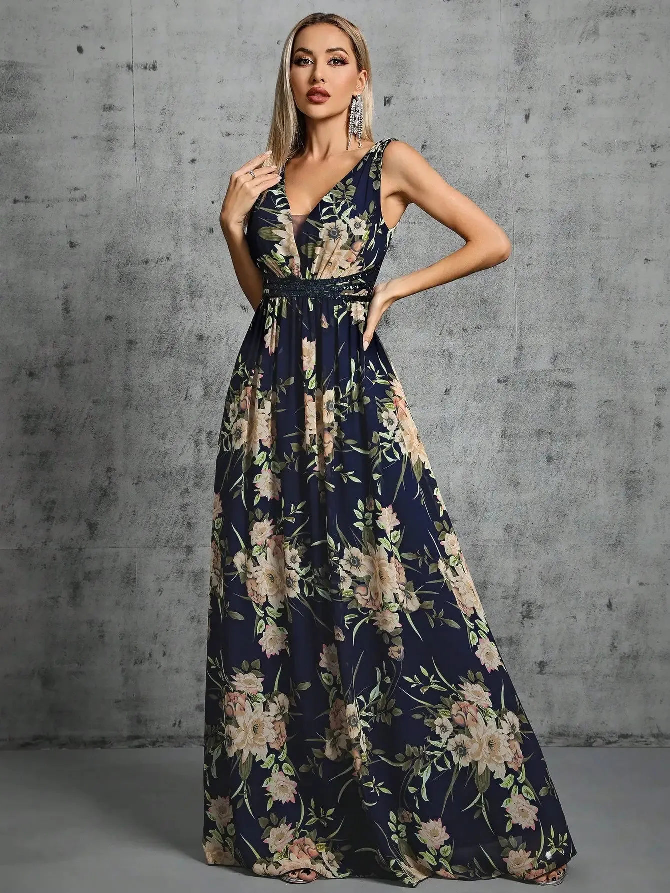 Navy Floral Print Chiffon Sequin Waist Party Dress 